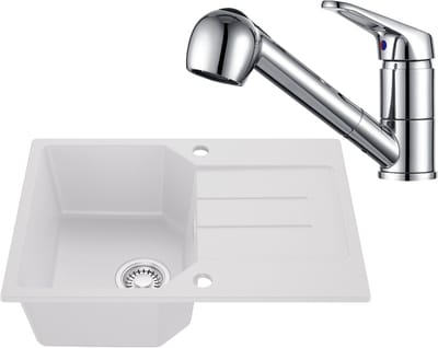 Anycee MAX Spoelbak Keuken 65x45CM - Granieten Spoelbak Wit - Wasbak Keuken Met Keukenkraan - Spoelbakken Keuken Met Kraangat - Met Druiprek en Sifon