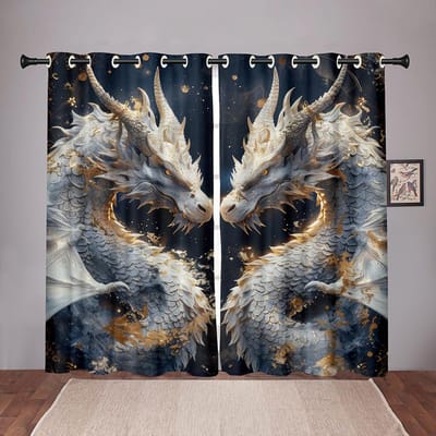 2 Stuks 3D Magische Vuur Draak Duel Gordijnen Sterrenhemel Digitale Print Jongenskamer Woonkamer Speelkamer Decor Gordijnen 50W130H(CM)X2PCS&Hook