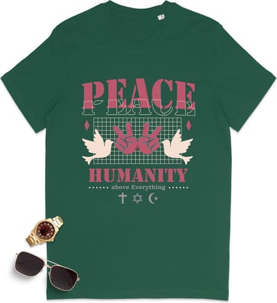 Heren t shirt met print - Tshirt mannen Peace  Humanity - Maten S t/m 3XL - Shirt kleuren: zwart, groen en paars.