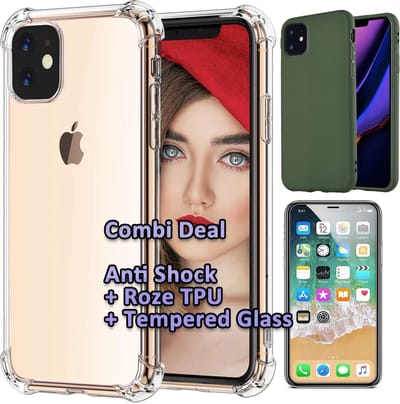 HB Hoesje Geschikt voor Apple iPhone 11 - Combi Deal - Anti Shock Back Cover Transparant - Back Cover Groen / Glazen Screenprotector