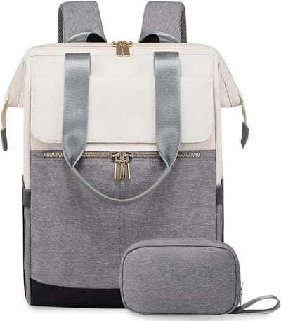 Rugzak Dames Groot, Laptop Rugzak met Laptopvak 17 Inch, Reisrugzak Dames Waterdicht, Grote Handtas Rugzak Reizen, Schooltas Modern, Zakelijke Handbagage voor Reizen Vakantie Kantoor（grijs + wit）