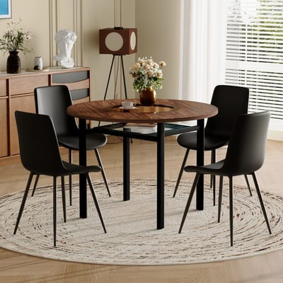MODFU - Eettafelset - Ronde Tafel Met Opbergplank En Stoelen - Minimalistisch - Voor Eetkamer - MDF Glas Metaal PU - Bruin Zwart - 100 cm