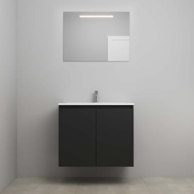 On-Line Badkamermeubelset - 80 cm - Bouwpakket - Greeploos 2 Deuren - Acryl Wastafel - 1 Kraangat - Spiegel met LED-Verlichting - Mat Zwart