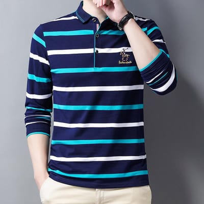 Nouveau POLO Homme Printemps Automne T-shirt À Manches Longues avec Une Chemise De Base Affaires Décontracté Revers Rayé Chemise Slim M black