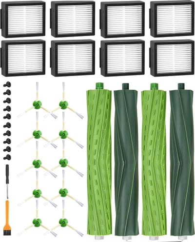 Vervangende onderdelen geschikt voor iRobot Roomba E/I/J-serie, i7 i7+ i3 i3+ i4 i4+ j7 E5 E6, geschikt voor iRobot Roomba-borstelaccessoires, 2 sets rubberen borstels, 8 hoogwaardige filters, 10 zijborstels