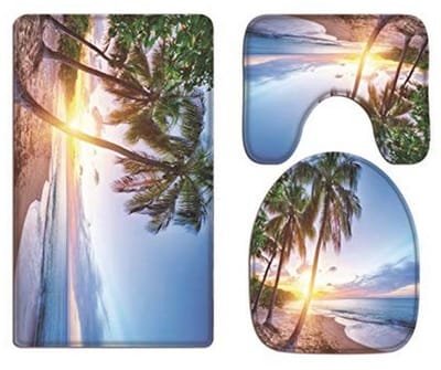 Caribisch Tropisch Zand Strand Zonsondergang Palmboom Blauw Hemeldruk Flanellen Doek Wasbare Toiletstoelhoezen Wc Deksel Covers Kussens Pads Skidproof Badmat Rug Voor Toilet Accessoires
