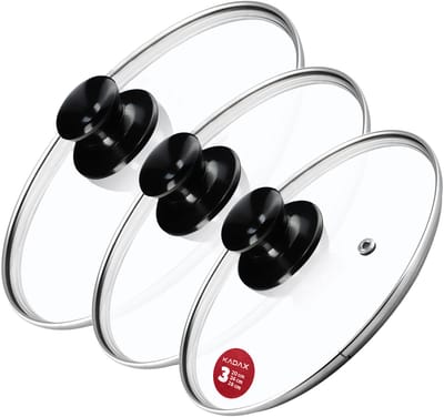 KADAX Pandekselset, universeel deksel van glas met handvat, hittebestendige dekselset in verschillende maten, pannendekselset, glazen deksel voor pan, pan (20 + 24 + 28 cm, glanzend zwart handvat)