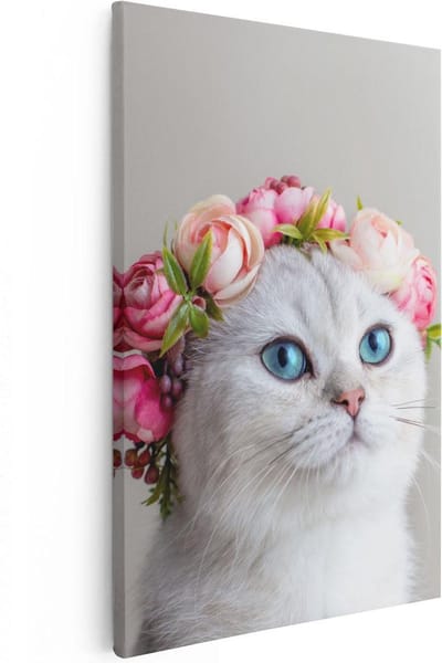Artaza Canvas Schilderij Kat Met Bloemen - 20x30 cm - Klein - Wanddecoratie Woonkamer - Muurdecoratie Kat - Kamer Accessoires