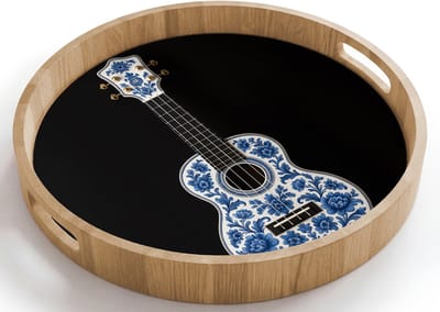 Dienblad rond 40x40 cm - Schootdienblad hout - Ukelele - Delfts - Blauw - Muziek - Borrelplank rechthoek - Plateau houten dienbladen