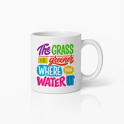 Het Gras Is Groener Waar Je Het Water Geeft Mok 330ml – Kleurrijke Motiverende Beker, Positieve Quote Cadeau voor Inspiratieliefhebbers