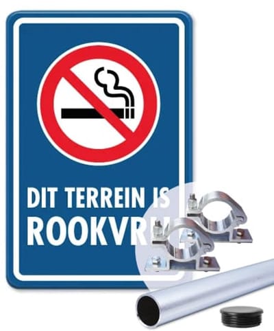 Bord Rookvrij terrein - blauw - Weerbestendig Aluminium - 30x45 cm - Bevestiging: Met paal 150 cm + paalbeugels + paaldop