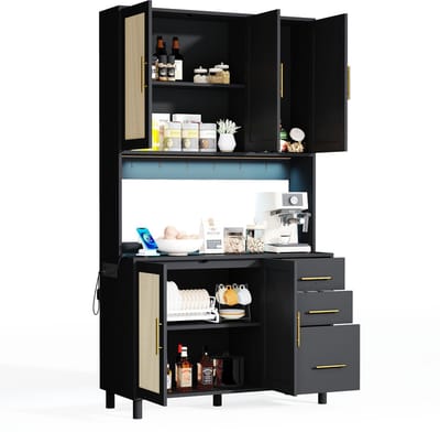 183cm hoge buffetkast - Keukenkast met LED-verlichting en lades - Rotan design met stopcontacten - Voor keuken en eetkamer - 100x40x183 cm