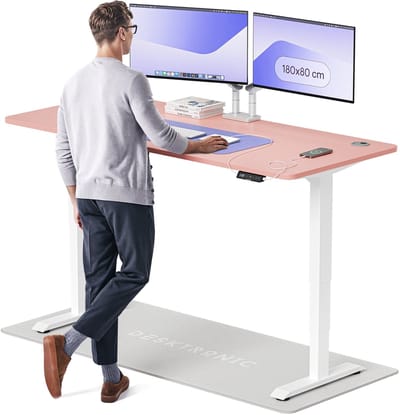 Desktronic HomePro Zit-sta Bureau Elektrisch In Hoogte Verstelbaar, 180x80 cm Wit/Roze, Stille Dubbele Motor, Hoogte 62-126cm