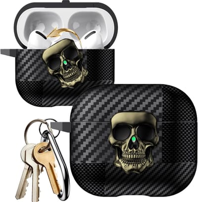 Coole 3D Metalen Rotatable Skull Lock Case voor AirPods Pro 3 - Schokbestendige Carbon Fiber Bescherming met Sleutelhanger en Uniek Ontwerp voor Mannen en Vrouwen