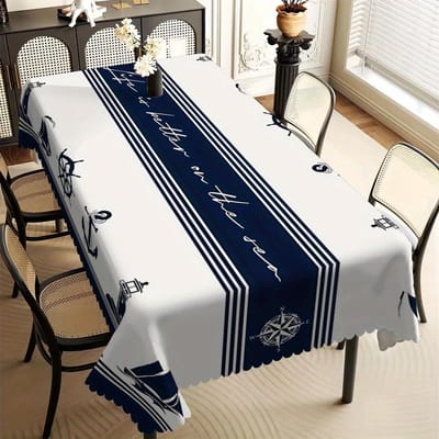 Tafelkleed met Nautisch Thema met Prints van Anker, Kompas en Zeilboot, Tekst  Het leven is beter op zee , Golvende Rand voor Eetkamer 90x140cm black