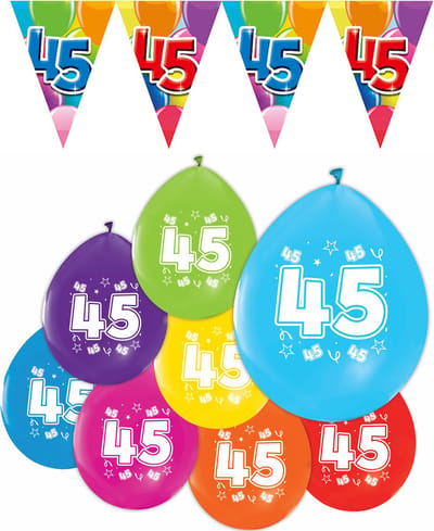Feestpakket 45 jaar / 8 ballonnen en 1 vlaggenlijn 10 meter - Versiering Slinger Feestdecoratie Decoratie Verjaardag Jubileum Ballon Feest