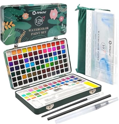 Aquarelverfset 128 Kleuren - Volwassen Waterverf Set met Aquarelpapier en Borstels voor Beginners en Professionals