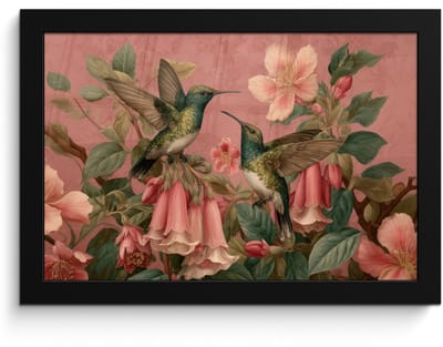 Poster in lijst - Fotolijst 30x20 cm - Posters - Kolibries - Bloemen - Groen - Roze - Posterlijst zwart - Decoratie - Wanddecoratie woonkamer - Muurdecoratie slaapkamer