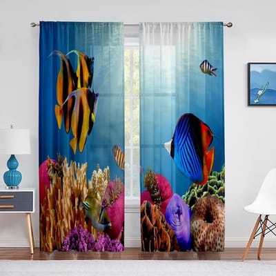 Oceaan Onderwaterwereld Tule Voile Gordijnen Tropische Vissen Haai Koraal In De Diepzee Transparant Gordijn voor Woonkamer Slaapkamer 1 PCS W100XH250cm&Grommet Top
