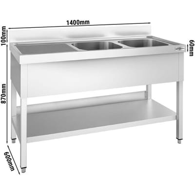 GGM Gastro Spültisch PREMIUM - 1400x600mm - mit Grundboden - mit 2 Becken rechts Zilver