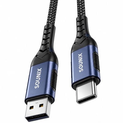 Sounix USB C kabel - Datakabel en Oplaadkabel - USB 3.0 naar USB C - 3A60W - 10Gbps - 5 Meter - Snellader - Oplader - Gevlochten Nylon - Zwart