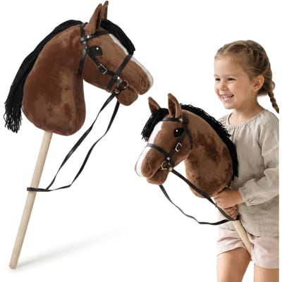 Mamabrum Hobby Horse Bruin Paard Op Kiju Voor Kinderen Bruin Paard Op Montessori Stick Rijdier Speelgoed 3+ Grote Pluche Kop, Verstelbare Kop, Afneembare Teugels, Motorische Ontwikkeling Kleine
