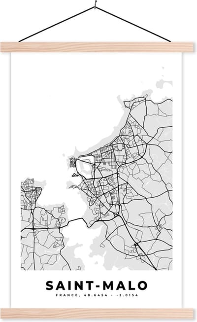 Posterhanger incl. Poster 40x60 cm - Schoolplaat - Frankrijk – Plattegrond – Kaart – Saint-Malo – Stadskaart - Textielposter - Blanke latten - Stadskaart