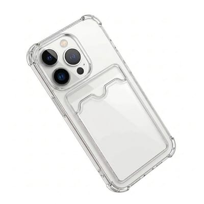 Transparant telefoon hoesje met kaarthouder geschikt voor iPhone 14 Pro Max – doorzichtig TPU backcover case dames en heren – schokbestendig ontwerp met foto vak en verstevigde hoeken
