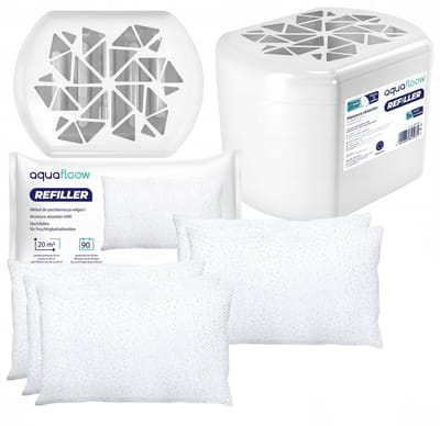 Aquafloow set luchtontvochtiger vochtstopper + 4x Vochtvanger navulling 250g, granulaat, ontvochtiger vermindert muffe geuren, vocht absorber, navulbaar, voor kamer, badkamers, kelder, garage
