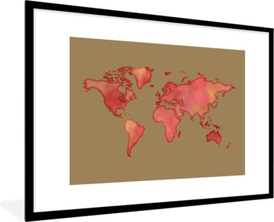 Poster in lijst - Fotolijst 120x80 cm - Posters - Wereldkaart - Rood - Waterverf - Posterlijst zwart - Decoratie - Wanddecoratie woonkamer - Muurdecoratie slaapkamer