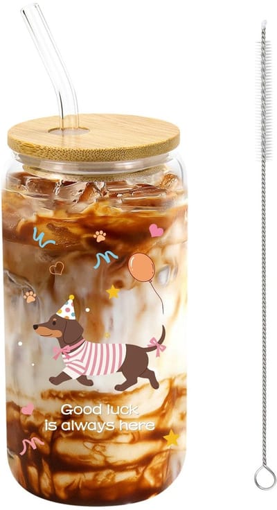 Dailygoods- Drinkglas 500 ml - Herbruikbaar met Deksel/Rietje - Hittebestendig Borosilicaatglas - Teckel Patroon - Milieuvriendelijk en Praktisch - Beker