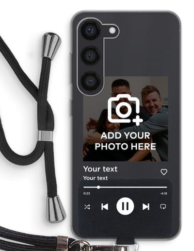 Gepersonaliseerd - Case Company® - Hoesje met koord geschikt voor Samsung Galaxy S23 hoesje met Koord - Music Player - Telefoonhoesje met Zwart Koord - Bescherming aan alle Kanten en Over de Schermrand