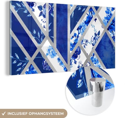 MuchoWow® Glasschilderij 40x20 cm - Schilderij acrylglas - Design - Delfts blauw - Luxe - Foto op glas - Schilderijen