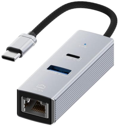 USB-C naar USB-C Female + Ethernet (RJ45) + USB-A Adapter - 3-in-1 Multiport Converter hub voor Laptop, Telefoon en Tablet - zilver