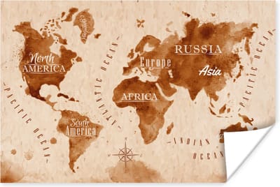 Poster 30x20 cm - Wereldkaart - Verf - Bruin - Vintage - Posters - Kamer decoratie - Wanddecoratie woonkamer - Muurdecoratie slaapkamer