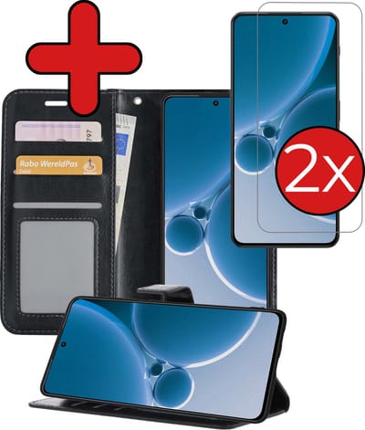 Hoesje - Met 2x Screenprotector - Geschikt voor OnePlus Nord 3 - Luxe Pasjeshouder - Flip Case - Bookcase Portemonee - Kunstleer Book Case - Flipcase Hoes - Book Cover - Walletcase - Portemonneehoes - Telefoonhoes - Zwart