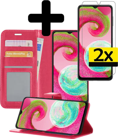 Hoesje - Met 2x Screenprotector - Geschikt voor Samsung Galaxy A04s - Luxe Pasjeshouder - Bookcase Portemonee - Flip Case - Kunstleer Book Case - Flipcase Hoes - Book Cover - Walletcase - Portemonneehoes - Telefoonhoesjes - Donkerroze