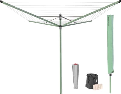 Brabantia Lift-O-Matic Droogmolen - met Metalen Grondanker, Beschermhoes, Wasknijpertasje en Wasknijpers - 50 m - Leaf Green