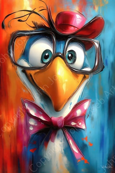 John Joseb Art (Aluminium) 120x80 | Grappige vogel met hoed, strik en bril, humor, abstract, kleurrijk, felle kleuren, dier, kunst, blauw, geel, rood, wit, modern | foto-schilderij op dibond, metaal wanddecoratie