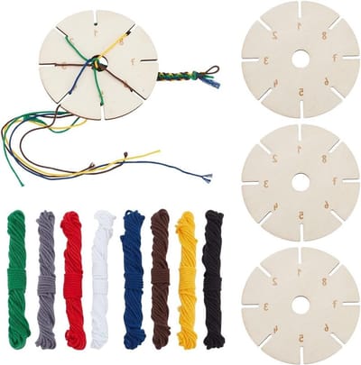 Houten Ronde Armband Plank met 8 Kleuren Macramé Katoen Koorden - Set van 4 voor Armband Breien en Knopen