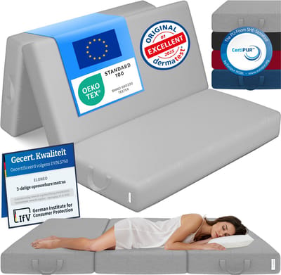 ELONEO Opvouwbaar Matras - 3-Delig Vouwmatras, Extra Dik 15 cm Schuim, Wasbaar en Draagbaar Logeermatras voor Volwassenen, Tweepersoonsbed (Grijs, 140 x 200 x 15 cm)