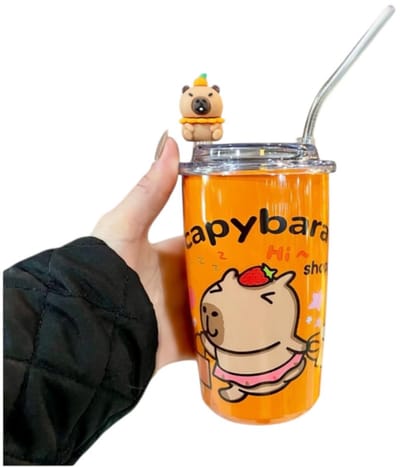 Metalen Drinkbeker met Deksel & RVS Rietje – Capybara Kawaii Design – Duurzame BPA-vrije Tumbler Cadeau Kinderen Tieners