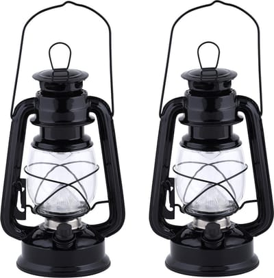 Fancy Flames Lantaarn - 2x stuks - op batterijen - zwart - windlicht - metaal - LED - 11,5 x 15 x 24 cm