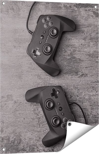 Gards Tuinposter Twee Game Controllers op Tafel - Gaming - 60x80 cm - Tuindoek - Tuindecoratie - Wanddecoratie buiten - Tuinschilderij