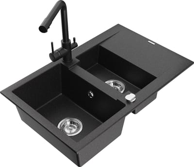 Mexen Gaspar granieten spoelbak 1,5-komor met afdruiprek en Duero keukenkraan, zwart/zilver - 6507-73-671600-70