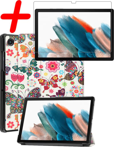 Hoesje Geschikt voor Samsung Galaxy Tab A8 - Met Screenprotector - Trifold Bookcase - Hard Cover - Hardcover Book Case - Tablet Hoes - Vlinders