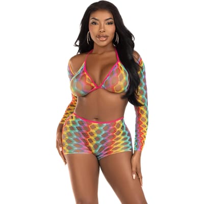 Bolero en shorty regenboog in netstof dames Leg Avenue