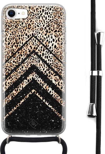 Casimoda® hoesje met koord - Geschikt voor iPhone 8 - Chevron Luipaard - Afneembaar koord - Siliconen/TPU - Bruin/beige