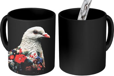 Magische Mok - Foto op Warmte Mokken - Koffiemok - Duif - Bloemen - Wit - Zwart - Magic Mok - Beker - 350 ML - Theemok