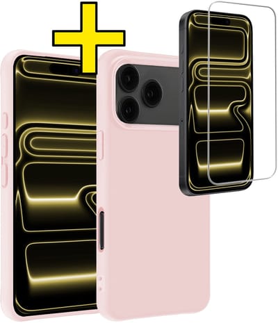 Hoesje - Met Screenprotector - Geschikt voor Apple iPhone 17 Pro - Sterk & Shockproof - Back Cover - Siliconen Case - Telefoon Hoes - Telefoonhoesjes - Lichtroze